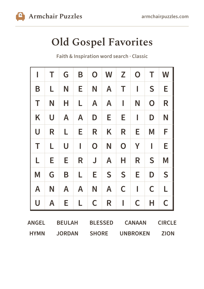 The printable Old Gospel Favorites word search sheet