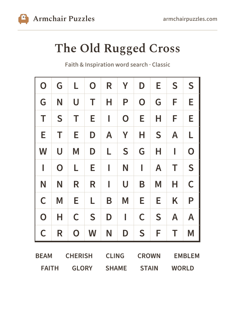 The printable The Old Rugged Cross word search sheet