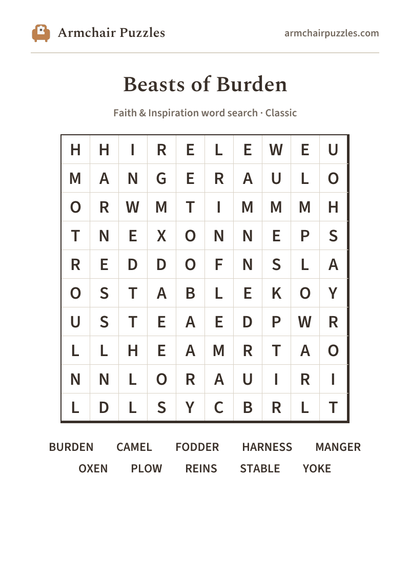 The printable Beasts of Burden word search sheet