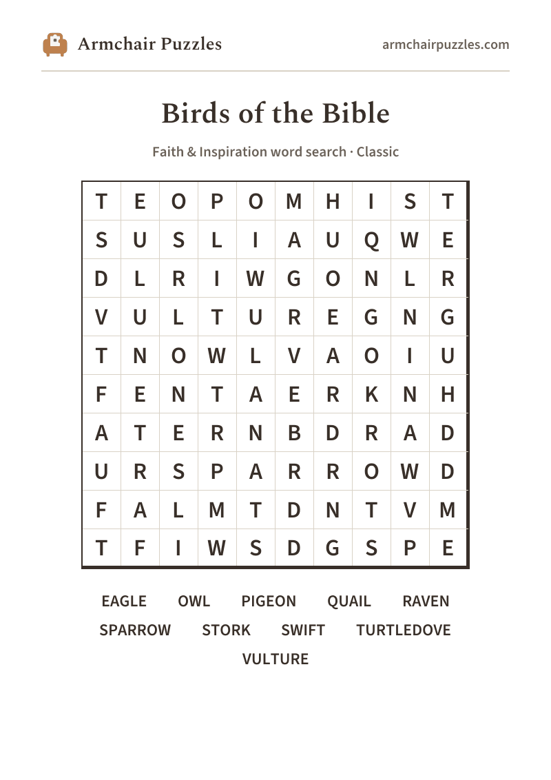 The printable Birds of the Bible word search sheet