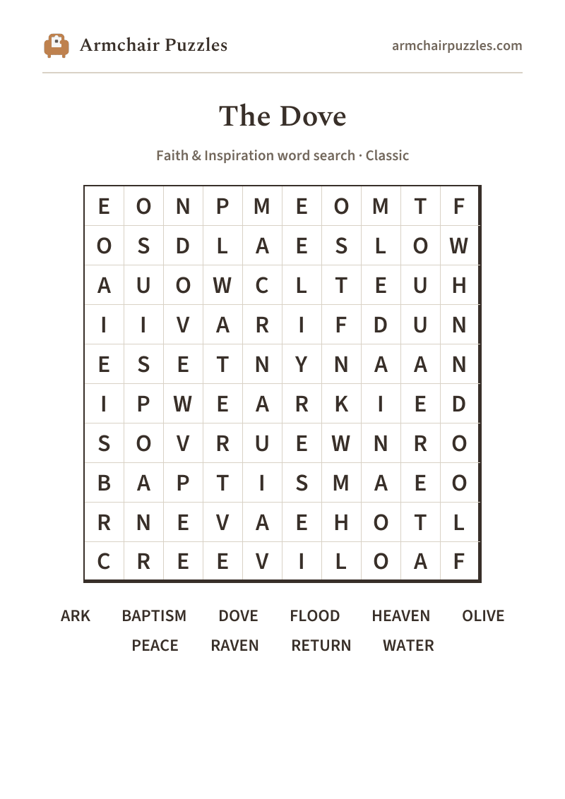 The printable The Dove word search sheet