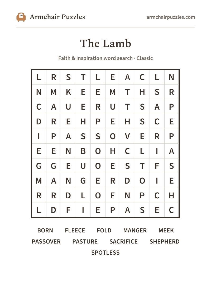 The printable The Lamb word search sheet: large-print Classic grid with its word list