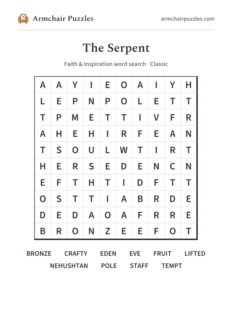The printable The Serpent word search sheet: large-print Classic grid with its word list