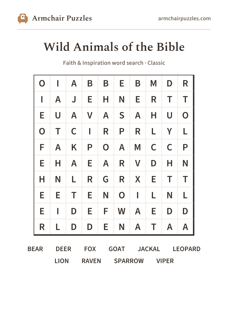 The printable Wild Animals of the Bible word search sheet