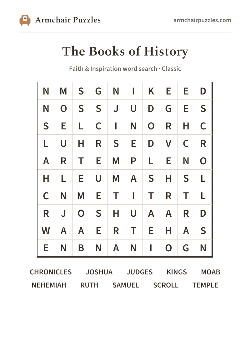 The printable The Books of History word search sheet: large-print Classic grid with its word list