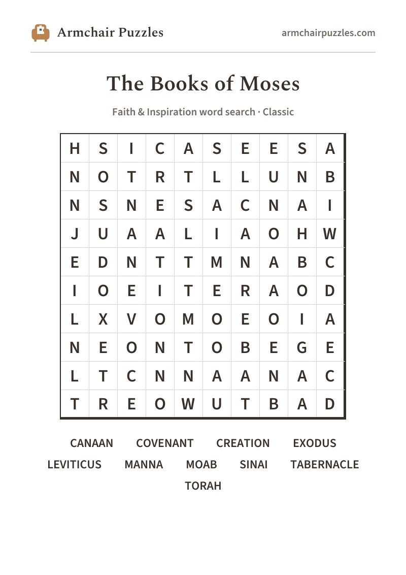 The printable The Books of Moses word search sheet