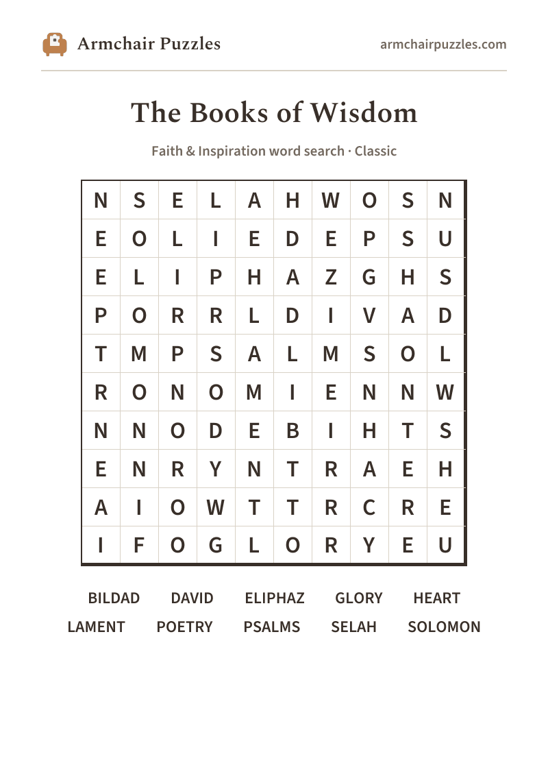 The printable The Books of Wisdom word search sheet