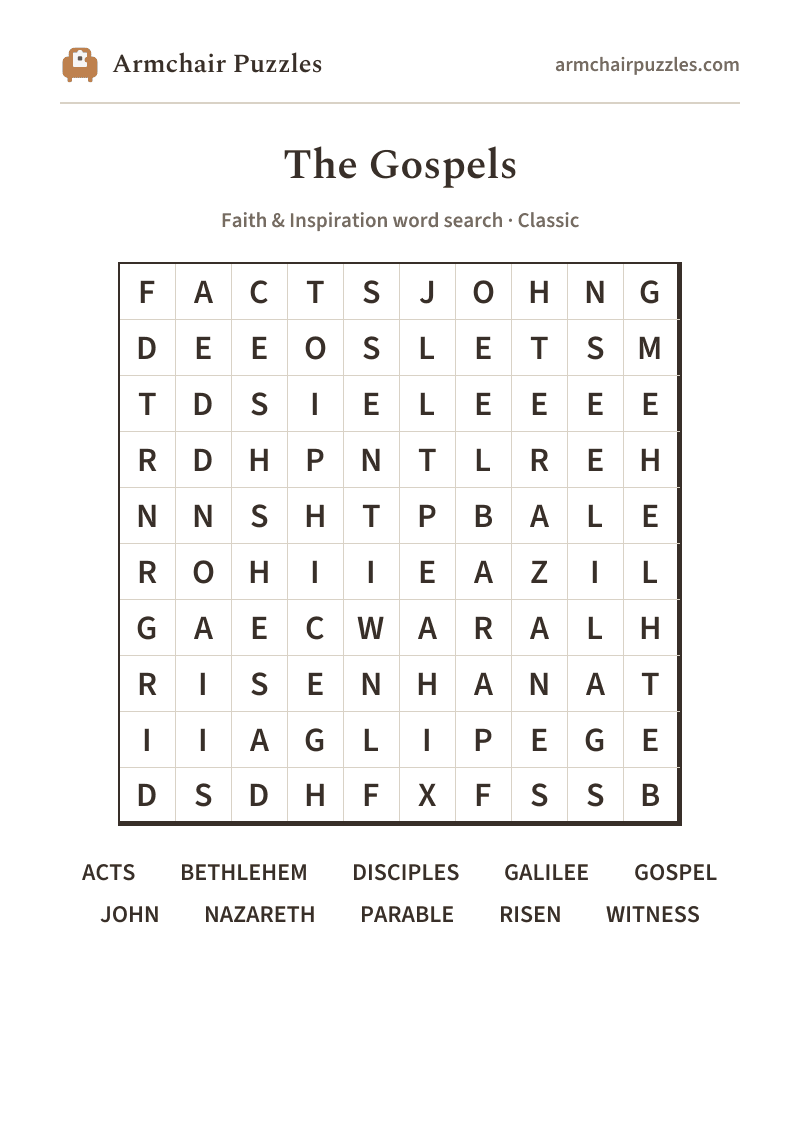 The printable The Gospels word search sheet in large print
