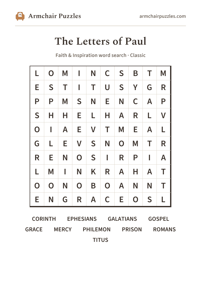 The printable The Letters of Paul word search sheet: large-print Classic grid with its word list