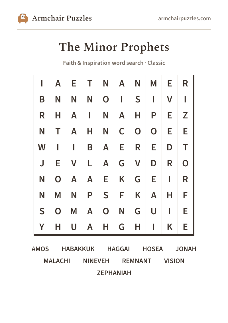 The printable The Minor Prophets word search sheet: large-print Classic grid with its word list