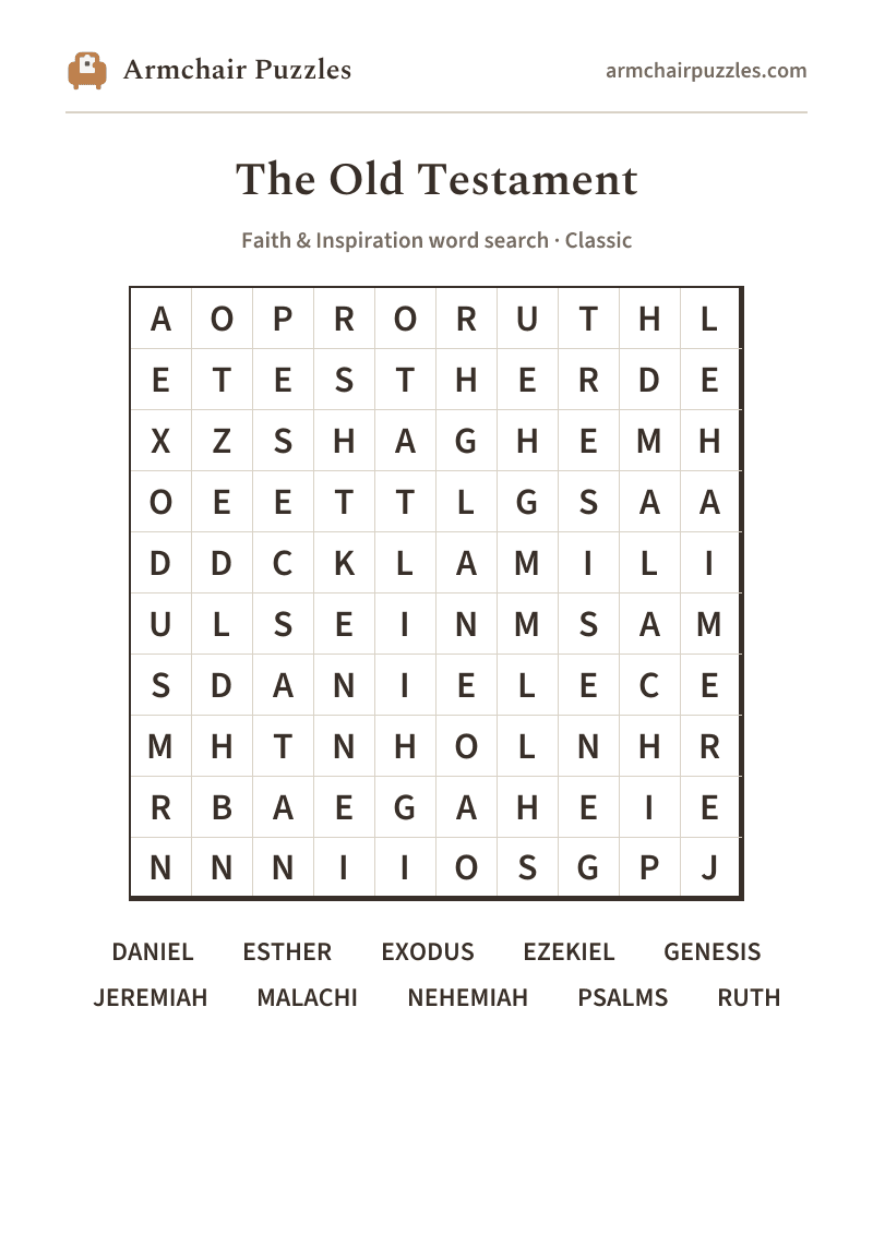 The printable The Old Testament word search sheet: large-print Classic grid with its word list