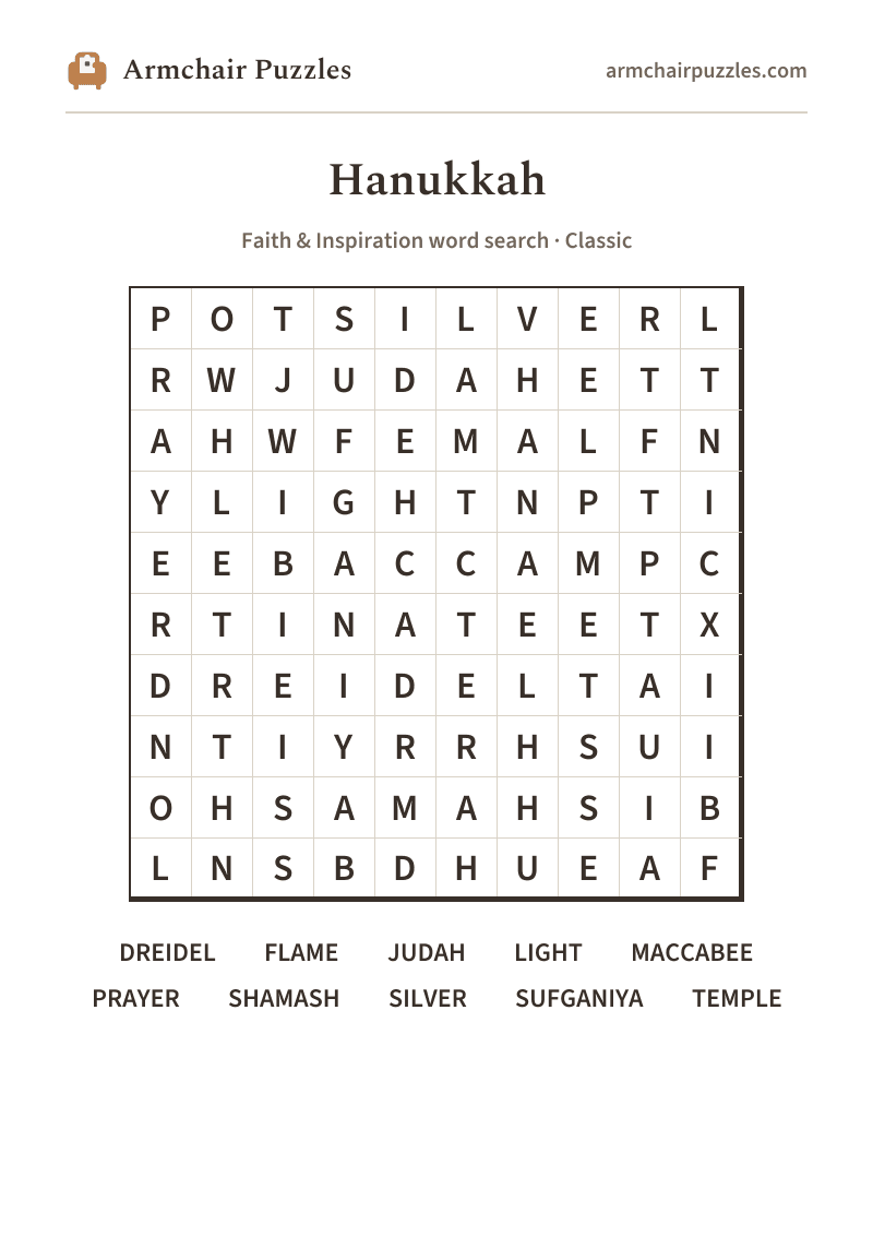 The printable Hanukkah word search sheet