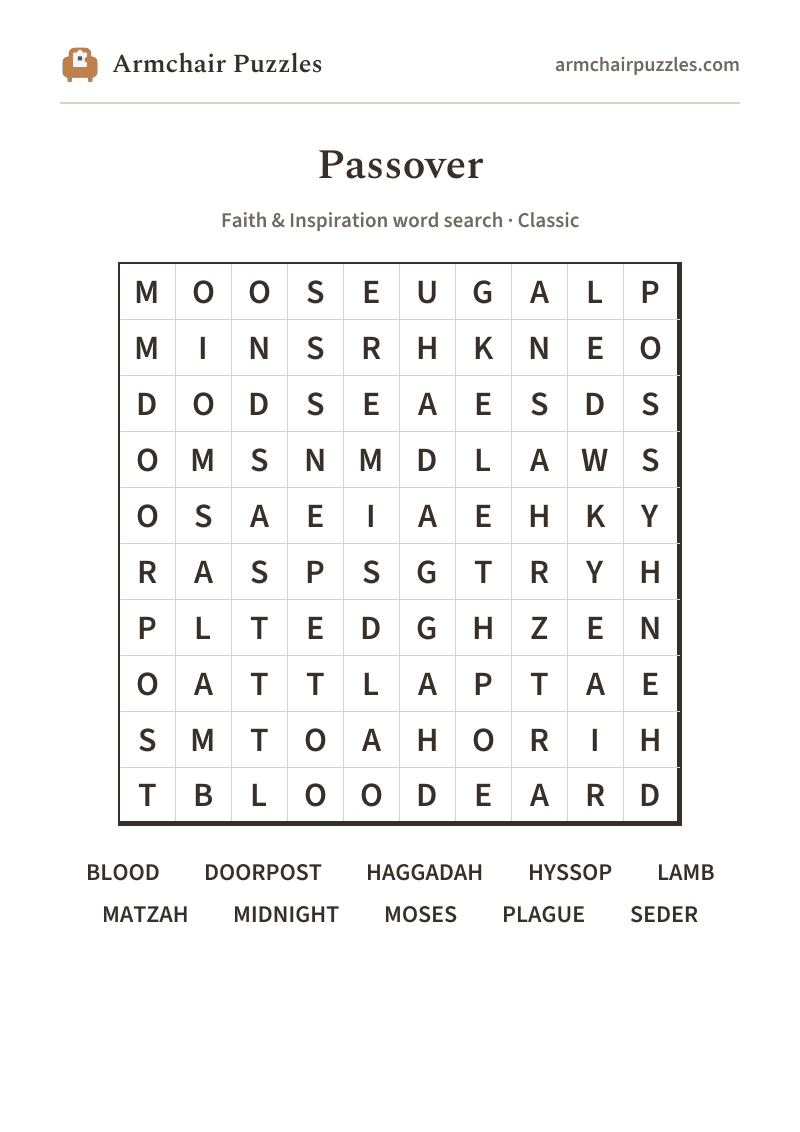The printable Passover word search sheet