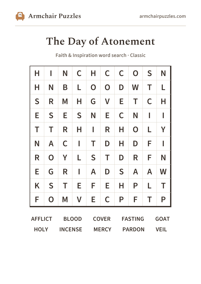 The printable The Day of Atonement word search sheet in large print