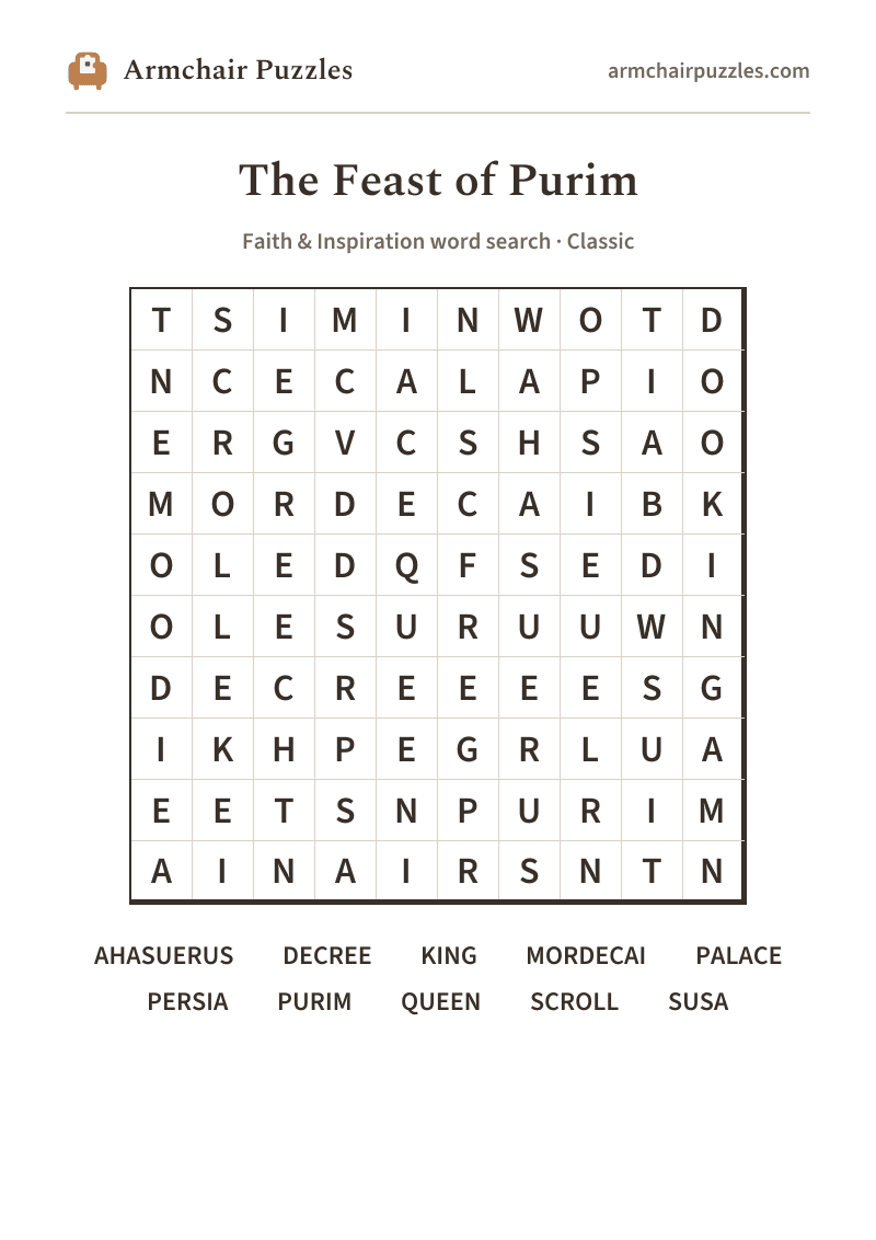 The printable The Feast of Purim word search sheet
