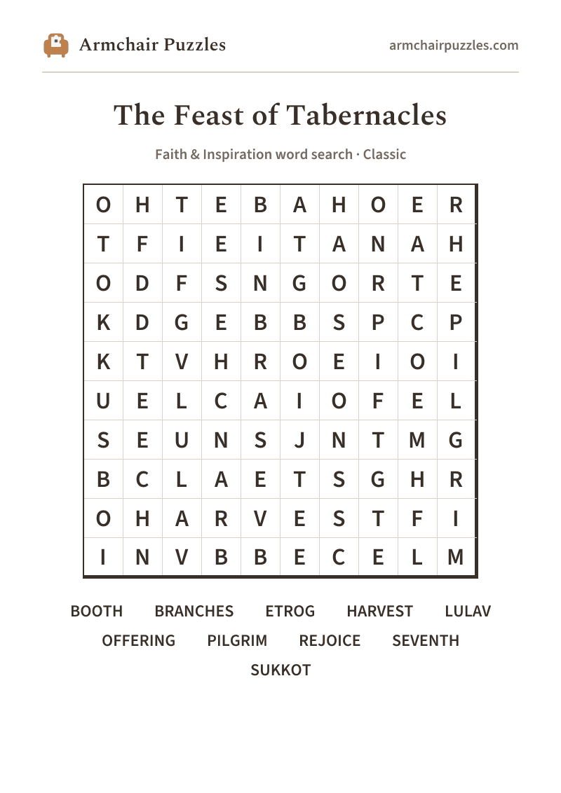 The printable The Feast of Tabernacles word search sheet in large print