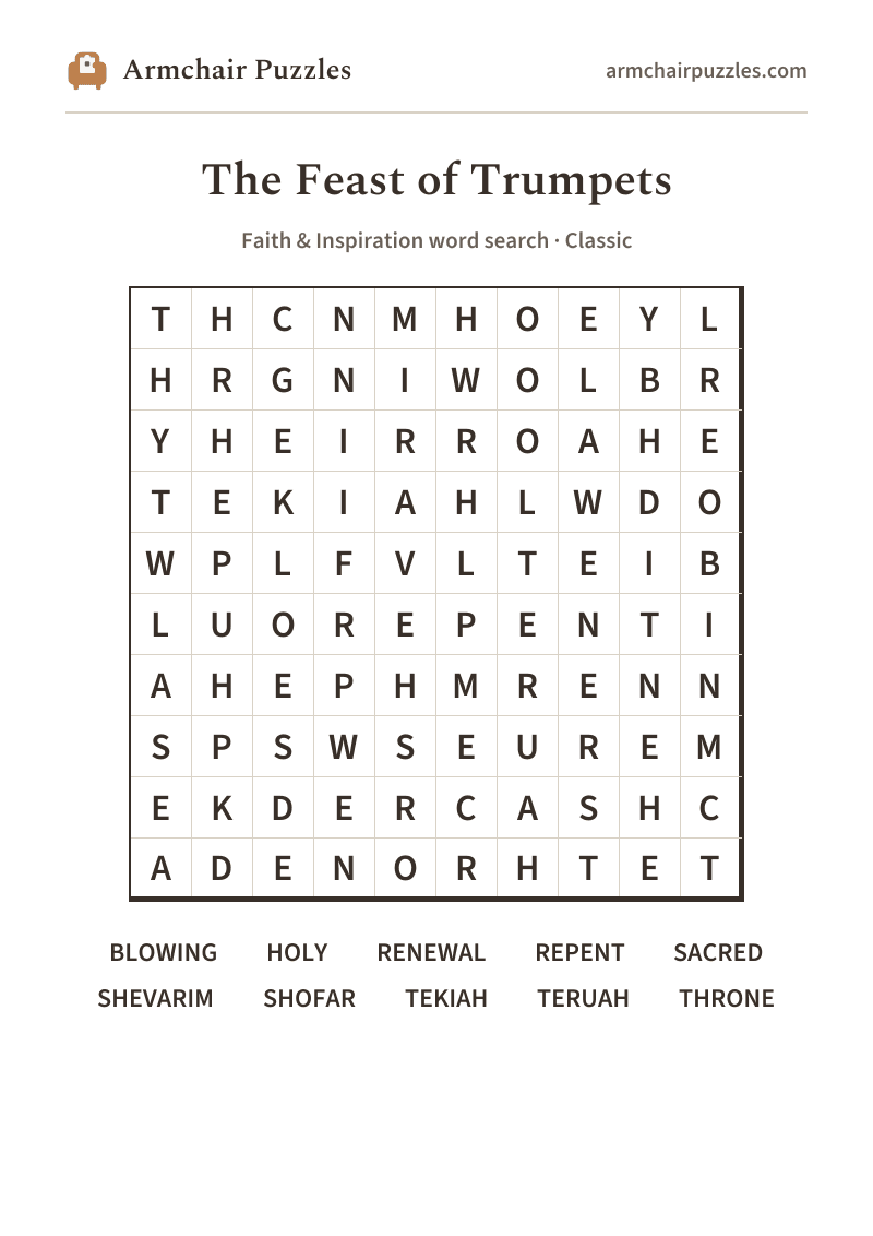 The printable The Feast of Trumpets word search sheet: large-print Classic grid with its word list