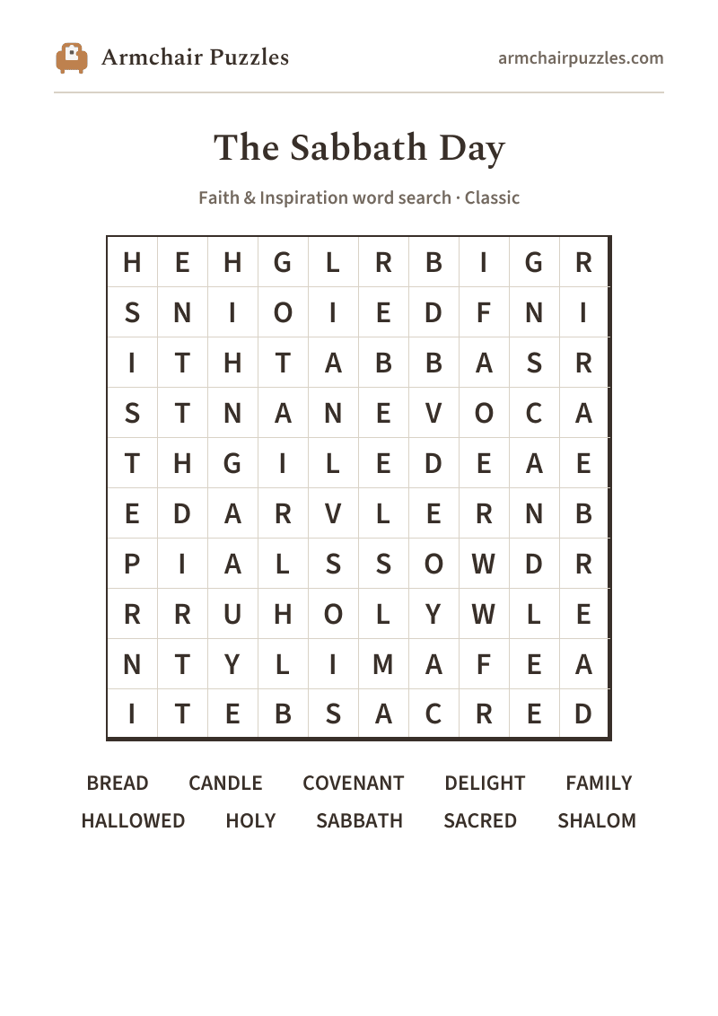 The printable The Sabbath Day word search sheet in large print