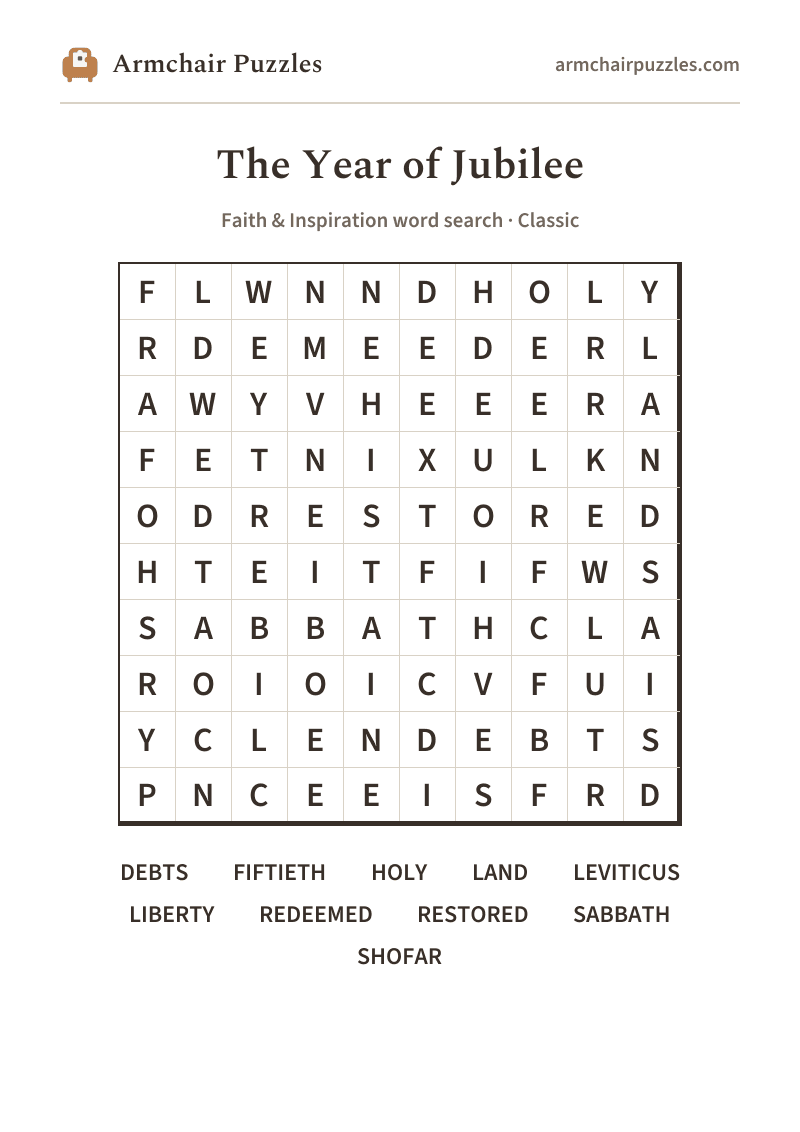 The printable The Year of Jubilee word search sheet