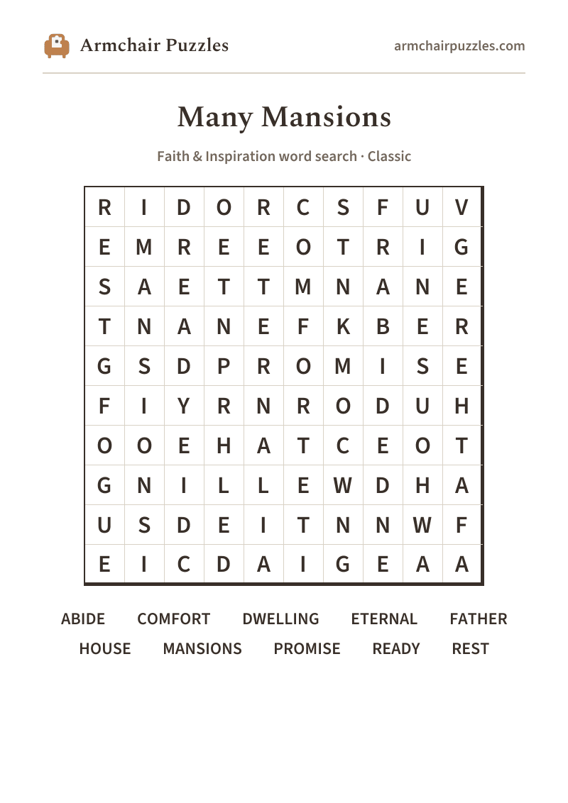The printable Many Mansions word search sheet: large-print Classic grid with its word list