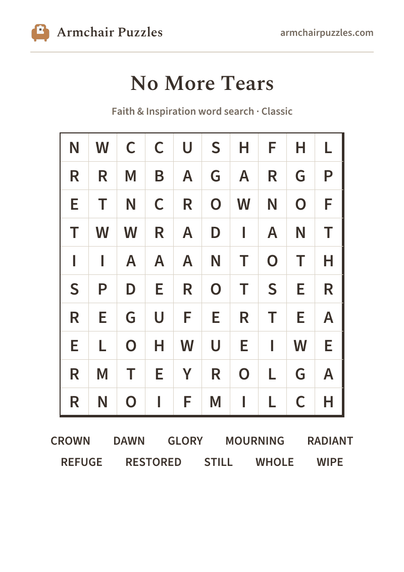 The printable No More Tears word search sheet