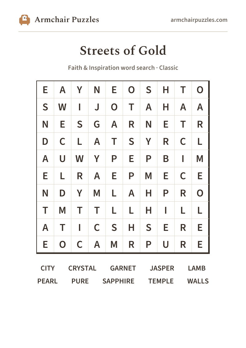 The printable Streets of Gold word search sheet