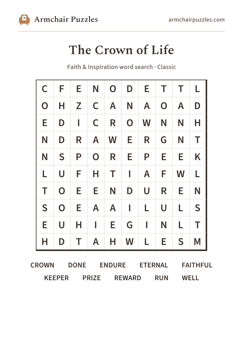 The printable The Crown of Life word search sheet