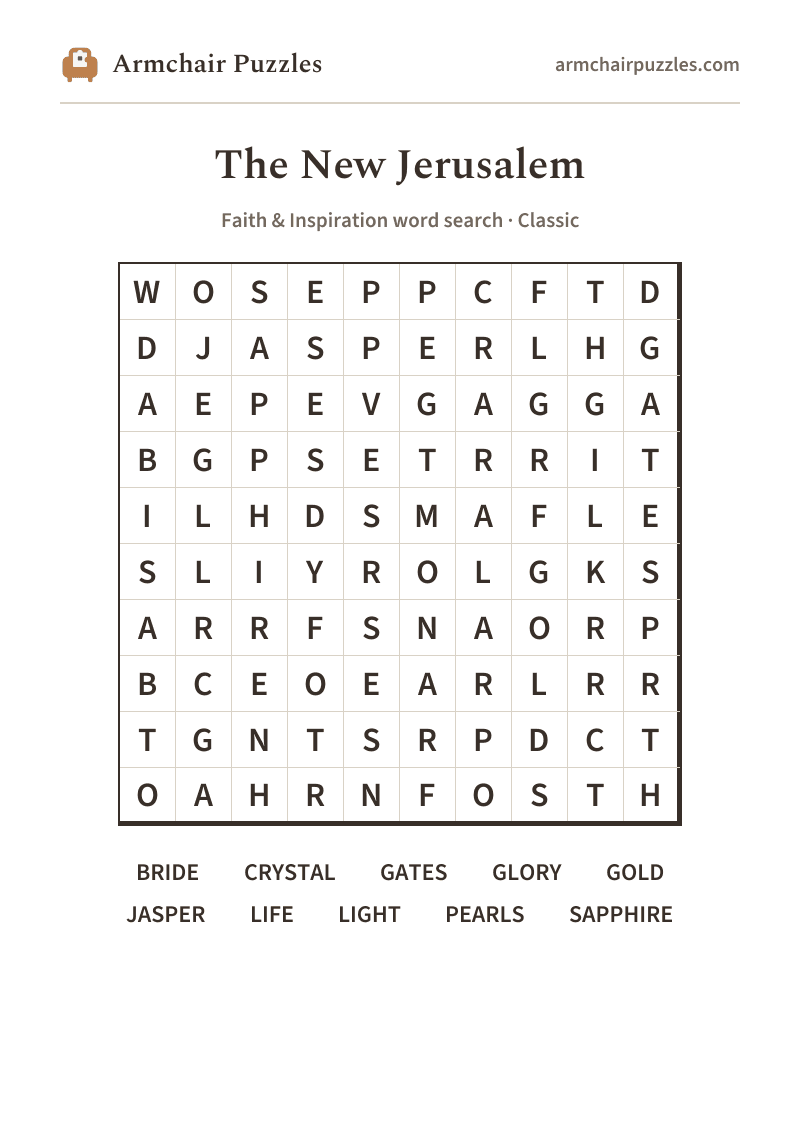 The printable The New Jerusalem word search sheet