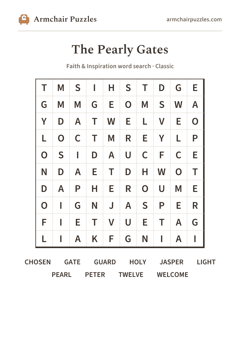 The printable The Pearly Gates word search sheet in large print
