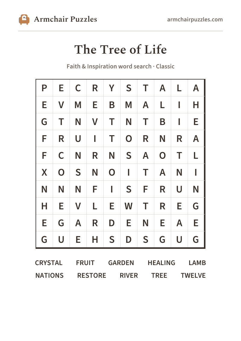The printable The Tree of Life word search sheet: large-print Classic grid with its word list
