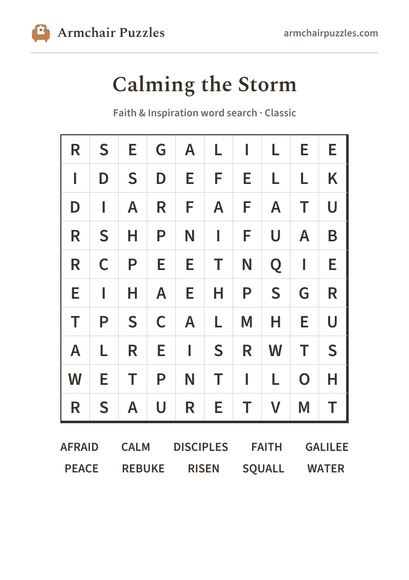 The printable Calming the Storm word search sheet in large print