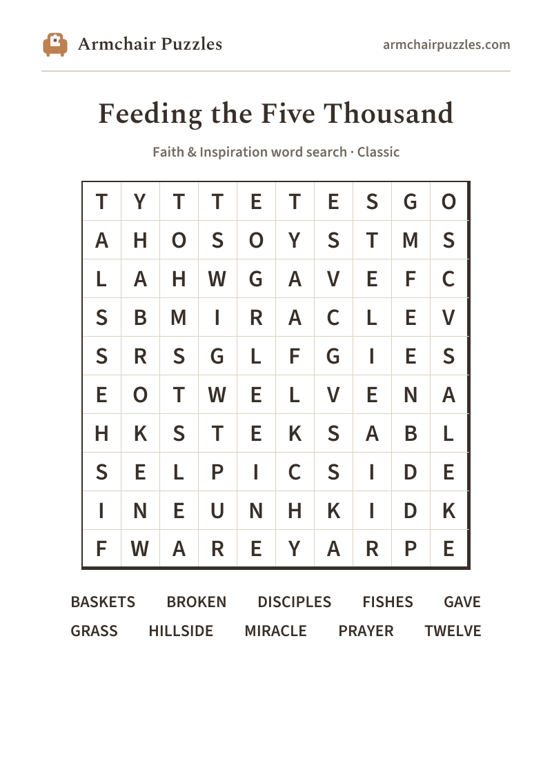 The printable Feeding the Five Thousand word search sheet: large-print Classic grid with its word list