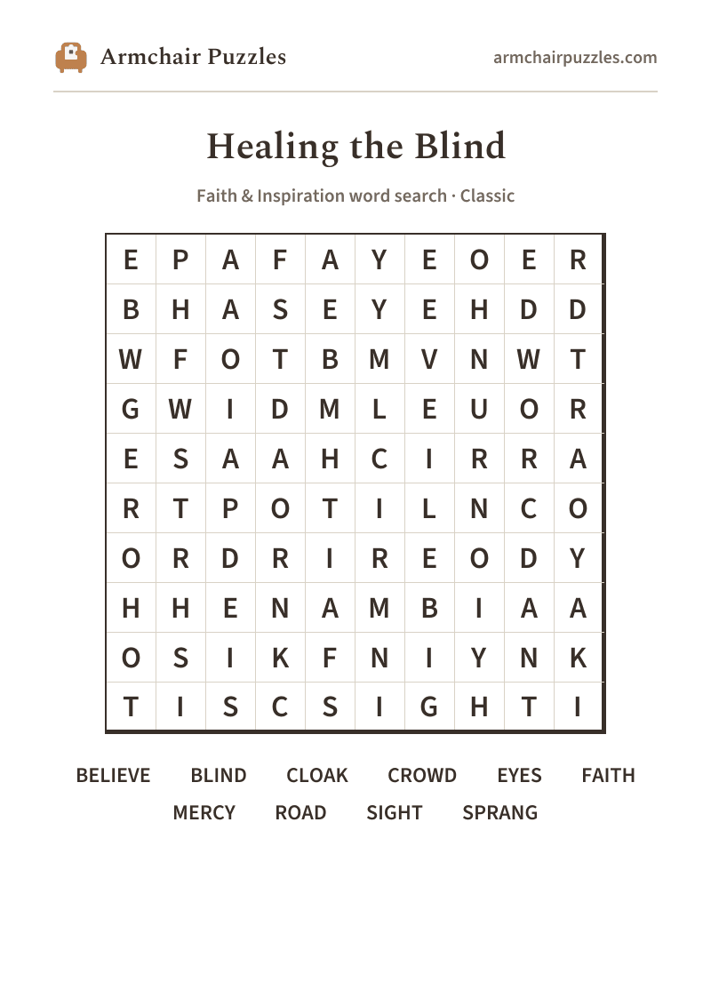 The printable Healing the Blind word search sheet