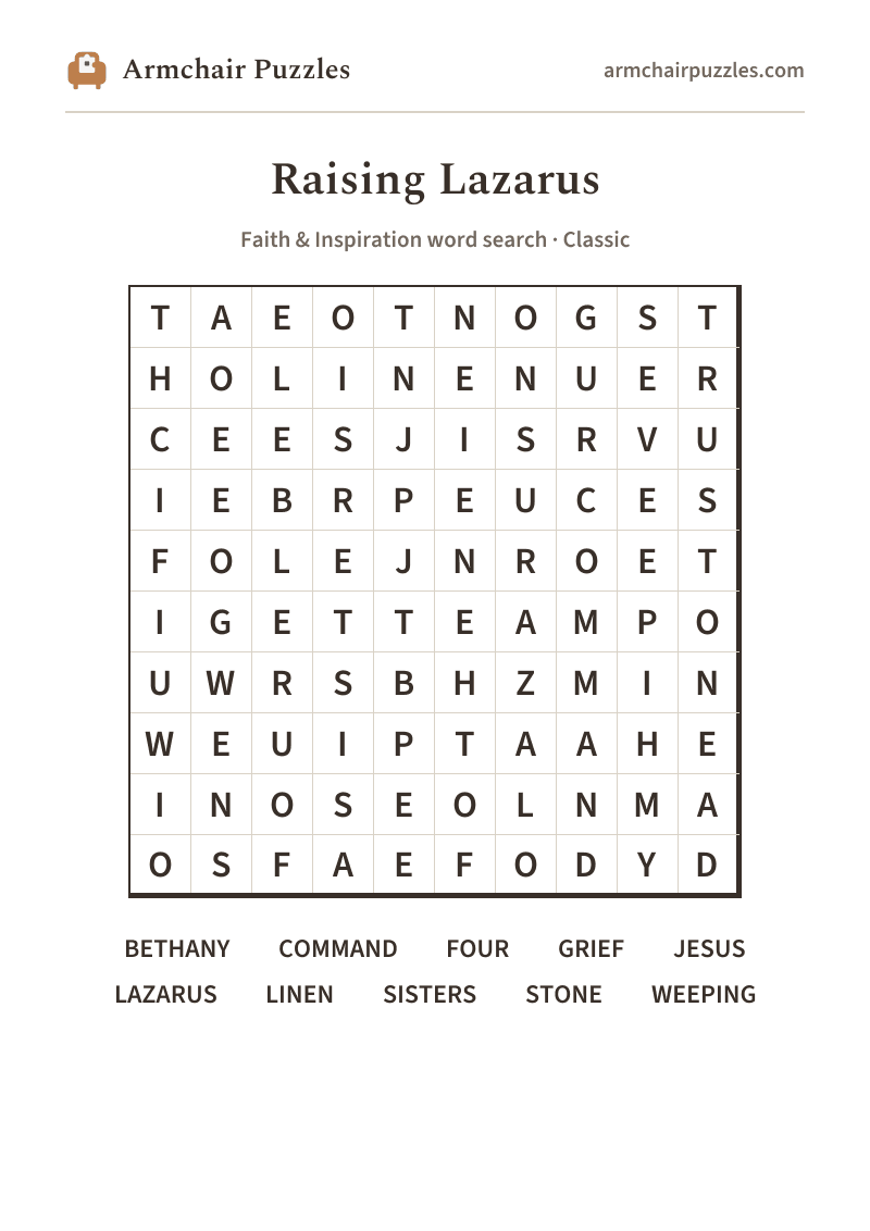 The printable Raising Lazarus word search sheet