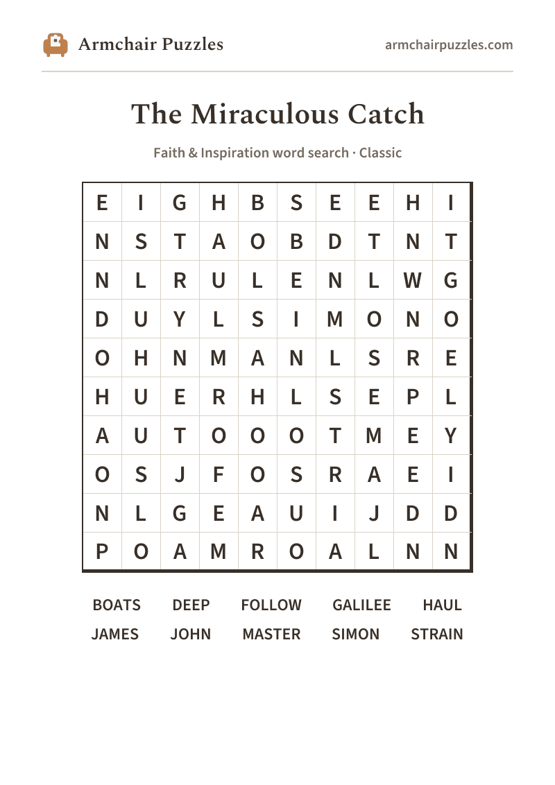 The printable The Miraculous Catch word search sheet