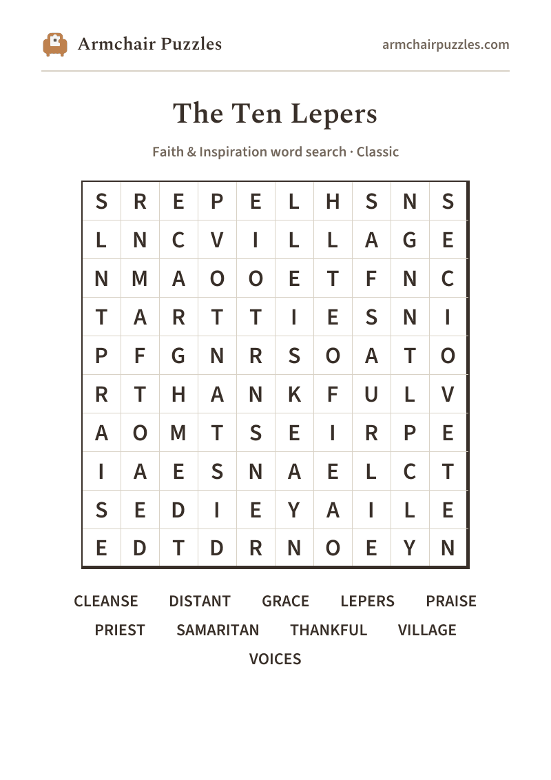 The printable The Ten Lepers word search sheet