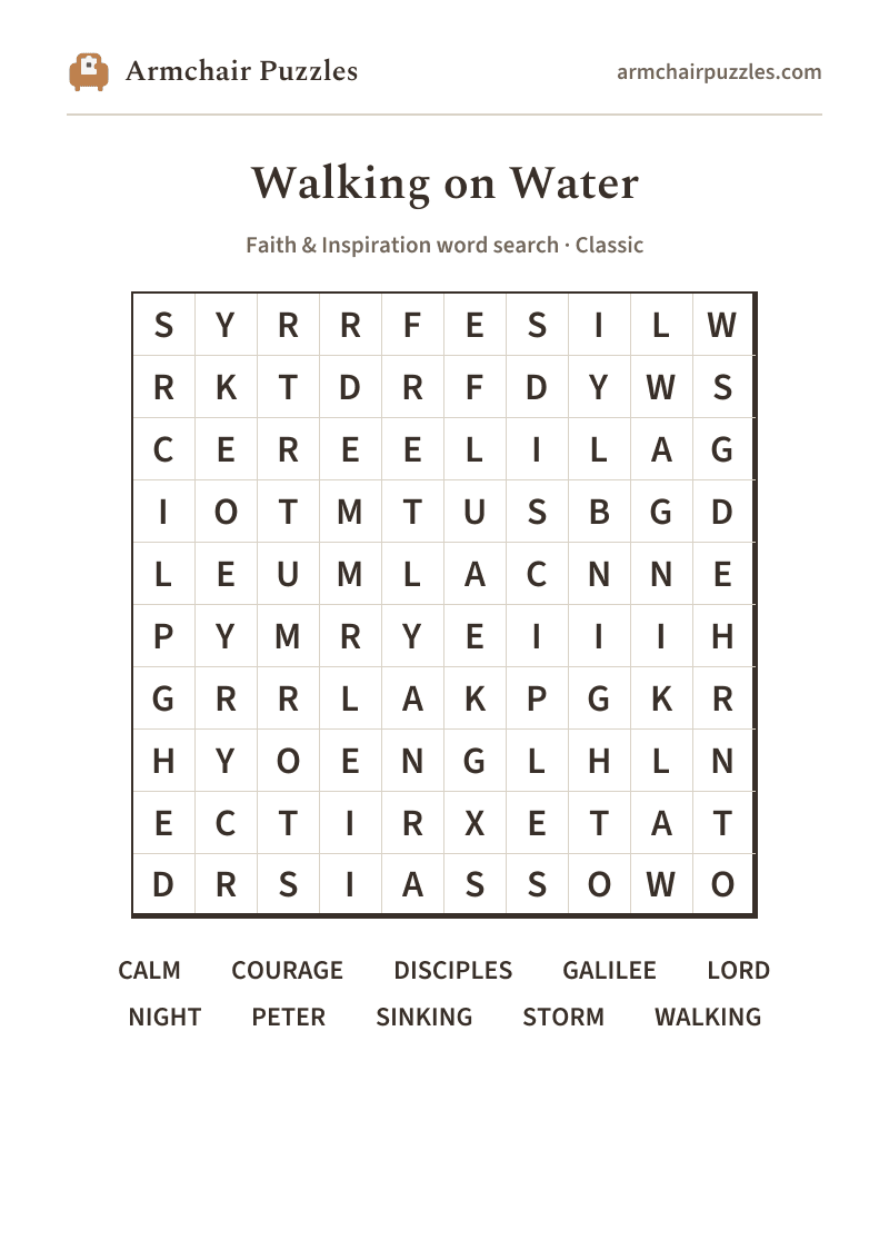 The printable Walking on Water word search sheet