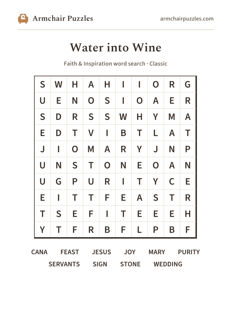 The printable Water into Wine word search sheet