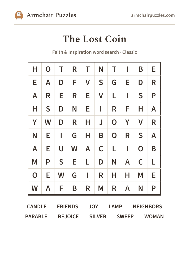 The printable The Lost Coin word search sheet: large-print Classic grid with its word list