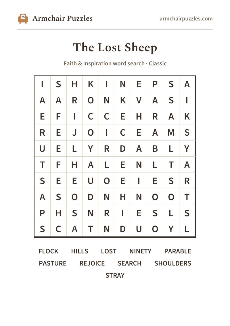 The printable The Lost Sheep word search sheet: large-print Classic grid with its word list