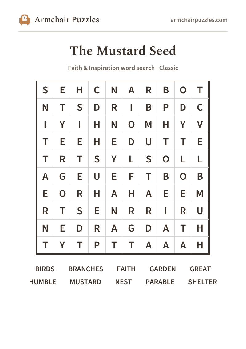 The printable The Mustard Seed word search sheet: large-print Classic grid with its word list