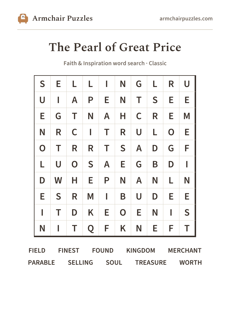 The printable The Pearl of Great Price word search sheet