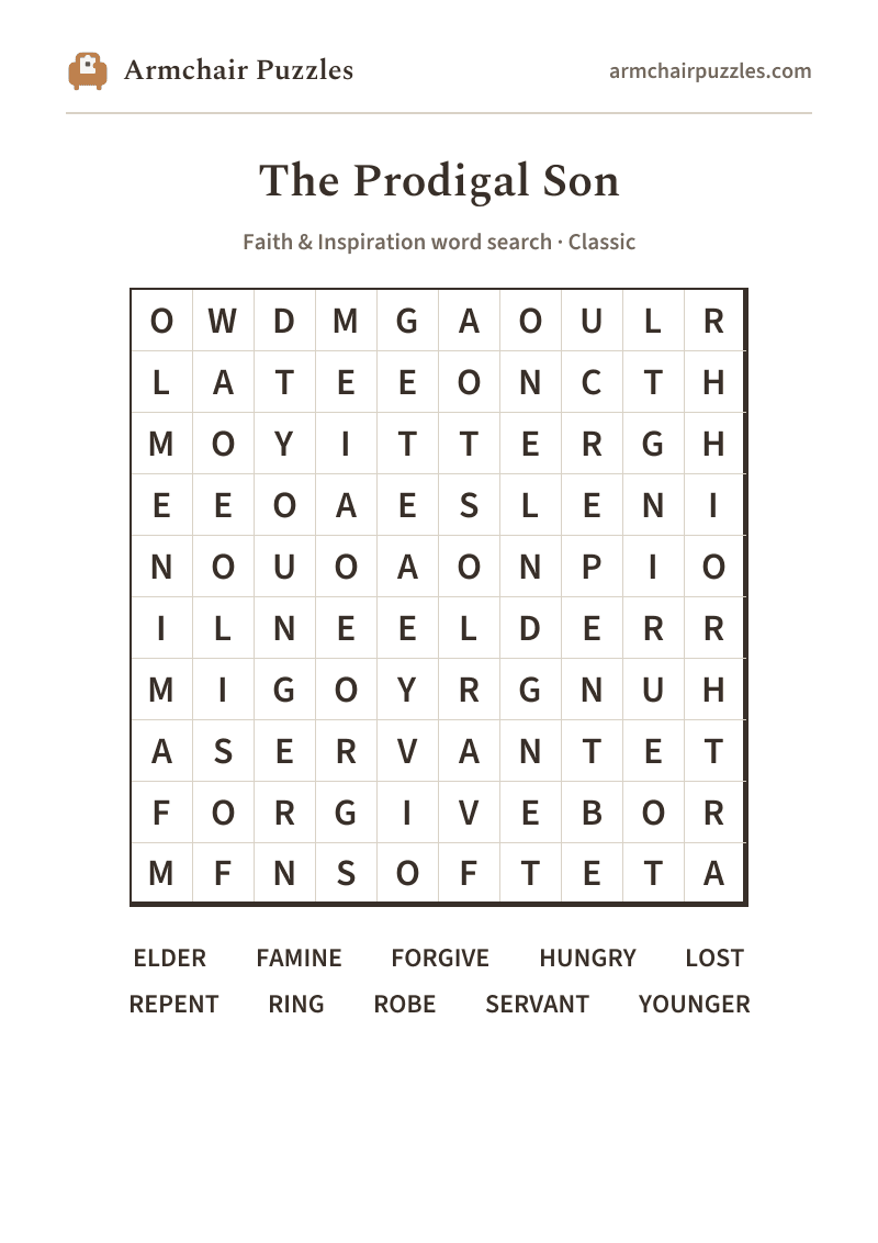 The printable The Prodigal Son word search sheet: large-print Classic grid with its word list