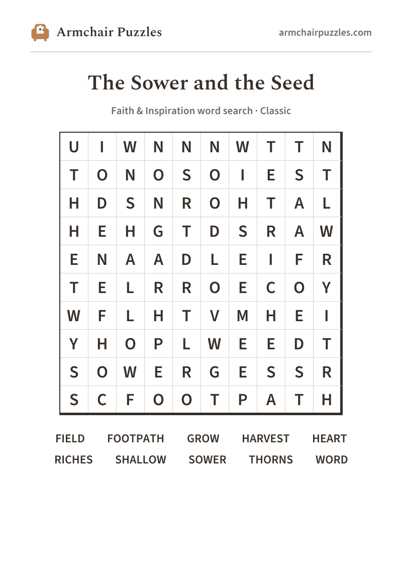 The printable The Sower and the Seed word search sheet: large-print Classic grid with its word list