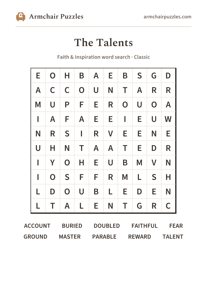The printable The Talents word search sheet: large-print Classic grid with its word list
