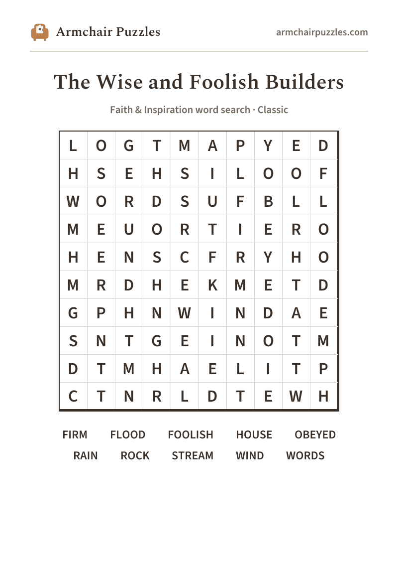 The printable The Wise and Foolish Builders word search sheet
