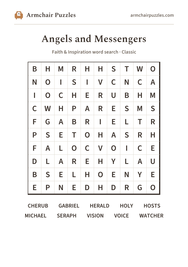 The printable Angels and Messengers word search sheet