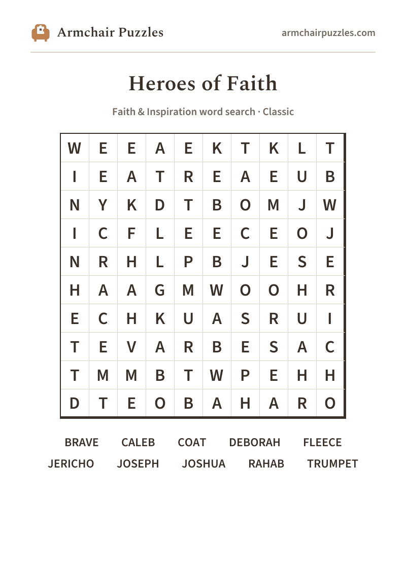 The printable Heroes of Faith word search sheet