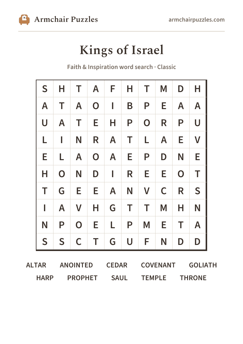 The printable Kings of Israel word search sheet