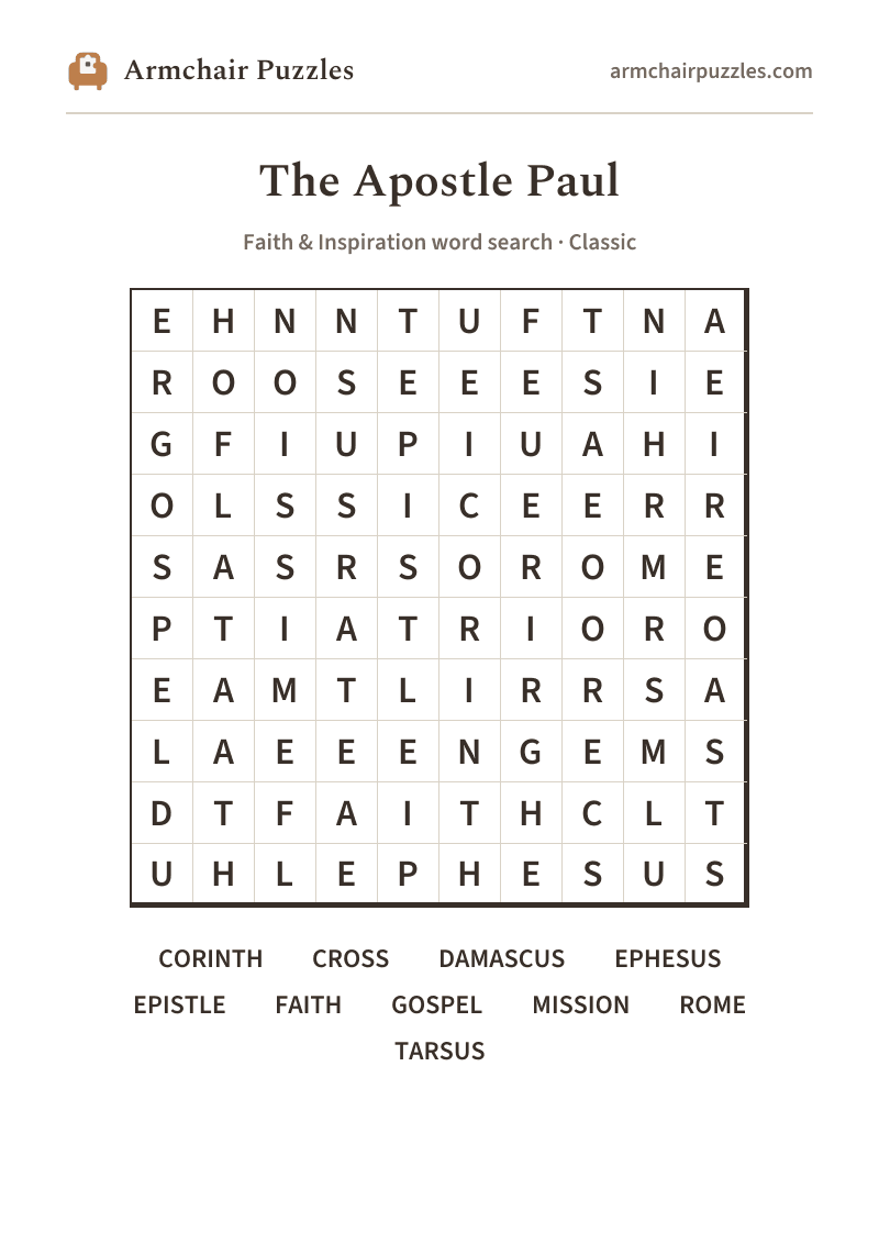 The printable The Apostle Paul word search sheet
